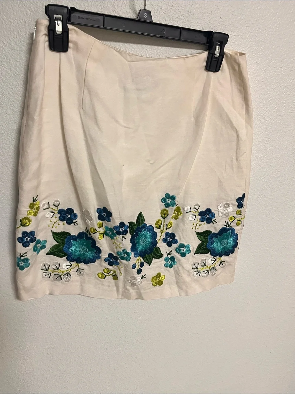 Michael Kors Cream Mini Skirt with Blue & Green Floral Embroidery
